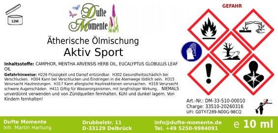 Etikett ätherische Ölmischung Aktiv Sport 10 ml mit Gefahrenpiktogrammen und Inhaltsstoffen