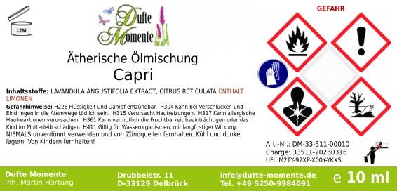 Etikett ätherische Ölmischung Capri 10 ml mit Gefahrenpiktogrammen und Inhaltsstoffen