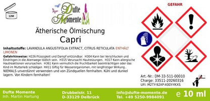 Etikett ätherische Ölmischung Capri 10 ml mit Gefahrenpiktogrammen und Inhaltsstoffen