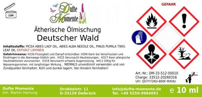 Etikett ätherische Ölmischung Deutscher Wald 10 ml mit Gefahrenpiktogrammen und Inhaltsstoffen