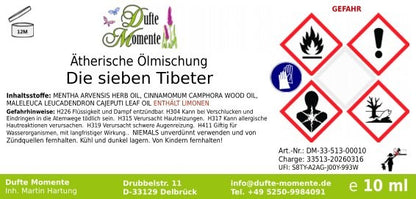 Etikett ätherische Ölmischung Die sieben Tibeter 10 ml mit Gefahrenpiktogrammen und Inhaltsstoffen