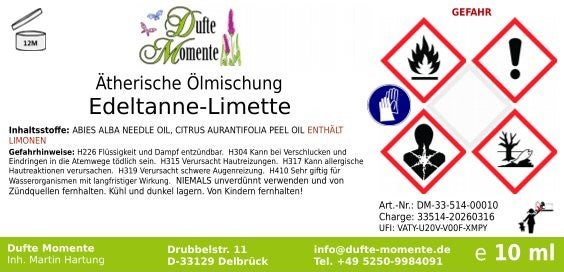 Etikett ätherische Ölmischung Edeltanne Limette 10 ml mit Gefahrenpiktogrammen und Inhaltsstoffen