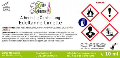 Etikett ätherische Ölmischung Edeltanne Limette 10 ml mit Gefahrenpiktogrammen und Inhaltsstoffen