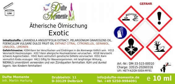 Etikett ätherische Ölmischung Exotic Dufte Momente mit Inhaltsstoffen und Gefahrstoffkennzeichnung 10 ml