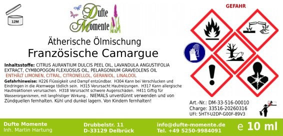 Etikett ätherische Ölmischung Französische Camargue Dufte Momente mit Inhaltsstoffen und Gefahrstoffkennzeichnung 10 ml