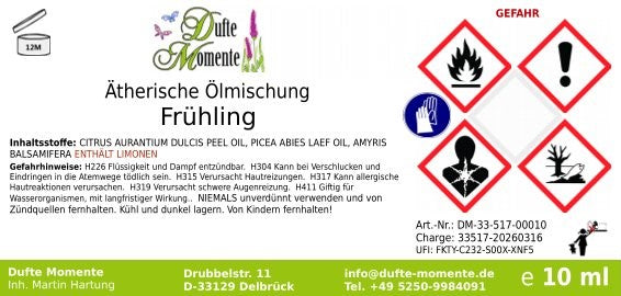 Etikett ätherische Ölmischung Frühling Dufte Momente mit Inhaltsstoffen und Gefahrstoffkennzeichnung 10 ml