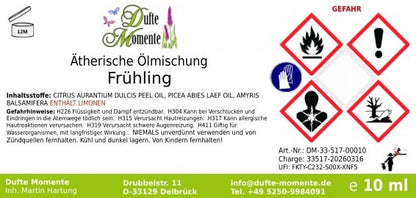 Etikett ätherische Ölmischung Frühling Dufte Momente mit Inhaltsstoffen und Gefahrstoffkennzeichnung 10 ml