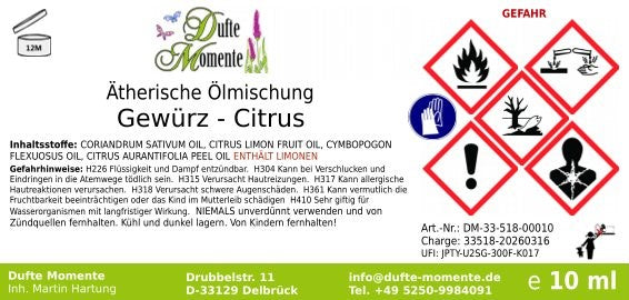 Etikett ätherische Ölmischung Gewürz-Citrus Dufte Momente mit Inhaltsstoffen und Gefahrstoffkennzeichnung 10 ml