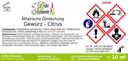Etikett ätherische Ölmischung Gewürz-Citrus Dufte Momente mit Inhaltsstoffen und Gefahrstoffkennzeichnung 10 ml