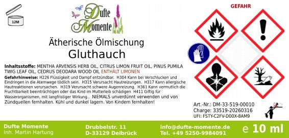 Etikett ätherische Ölmischung Gluthauch Dufte Momente mit Inhaltsstoffen und Gefahrstoffkennzeichnung 10 ml