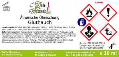 Etikett ätherische Ölmischung Gluthauch Dufte Momente mit Inhaltsstoffen und Gefahrstoffkennzeichnung 10 ml