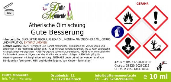 Etikett ätherische Ölmischung Gute Besserung Dufte Momente mit Inhaltsstoffen und Gefahrstoffkennzeichnung 10 ml