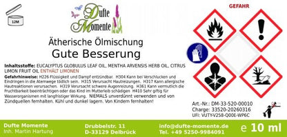 Etikett ätherische Ölmischung Gute Besserung Dufte Momente mit Inhaltsstoffen und Gefahrstoffkennzeichnung 10 ml
