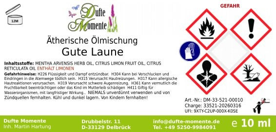 Etikett ätherische Ölmischung Gute Laune Dufte Momente mit Inhaltsstoffen und Gefahrstoffkennzeichnung 10 ml