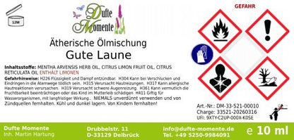 Etikett ätherische Ölmischung Gute Laune Dufte Momente mit Inhaltsstoffen und Gefahrstoffkennzeichnung 10 ml