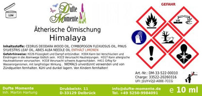 Etikett ätherische Ölmischung Himalaya Dufte Momente mit Inhaltsstoffen und Gefahrstoffkennzeichnung 10 ml