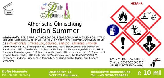 Gefahrstoffetikett ätherische Ölmischung Indian Summer 10 ml mit Inhaltsstoffen und GHS-Gefahrensymbolen