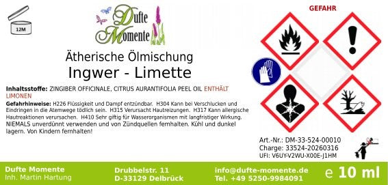 Gefahrstoffetikett ätherische Ölmischung Ingwer-Limette 10 ml mit Inhaltsstoffen und GHS-Gefahrensymbolen