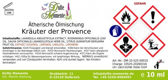 Gefahrstoffetikett ätherische Ölmischung Kräuter der Provence 10 ml mit Inhaltsstoffen und GHS-Gefahrensymbolen