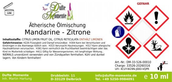 Gefahrstoffetikett ätherische Ölmischung Mandarine-Zitrone 10 ml mit Inhaltsstoffen und GHS-Gefahrensymbolen