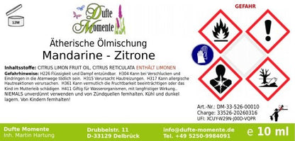 Gefahrstoffetikett ätherische Ölmischung Mandarine-Zitrone 10 ml mit Inhaltsstoffen und GHS-Gefahrensymbolen