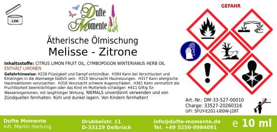 Gefahrstoffetikett ätherische Ölmischung Melisse-Zitrone 10 ml mit Inhaltsstoffen und GHS-Gefahrensymbole