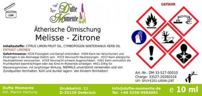 Gefahrstoffetikett ätherische Ölmischung Melisse-Zitrone 10 ml mit Inhaltsstoffen und GHS-Gefahrensymbole