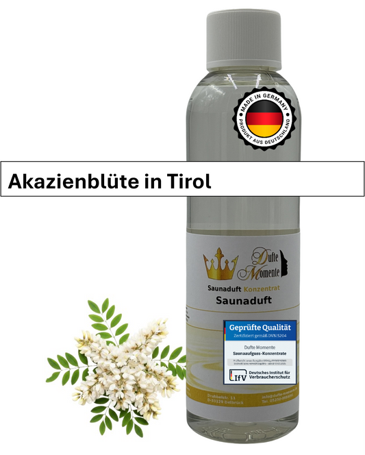 Saunaduft Akazienblüte in 250ml Flasche mit Akazienblüten und Duftbanner