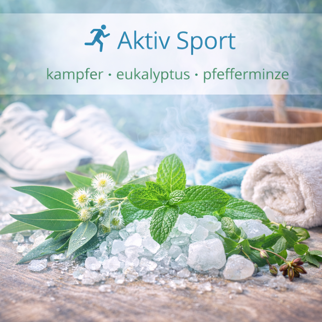 Ätherische Ölmischung Aktiv Sport mit Eukalyptus, Minze und Zitrone in Wellness Atmosphäre