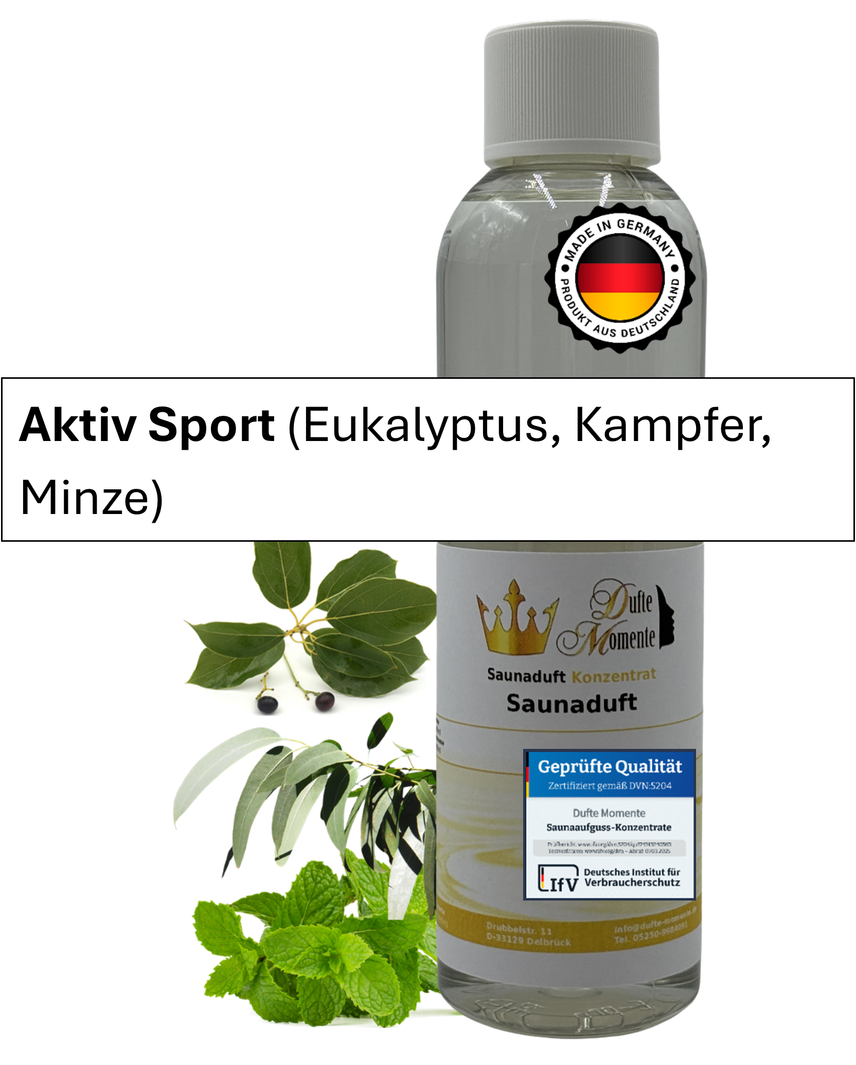 Saunaduft Aktiv Sport in 250ml Flasche mit Duftbestandteilen und Duftbanner
