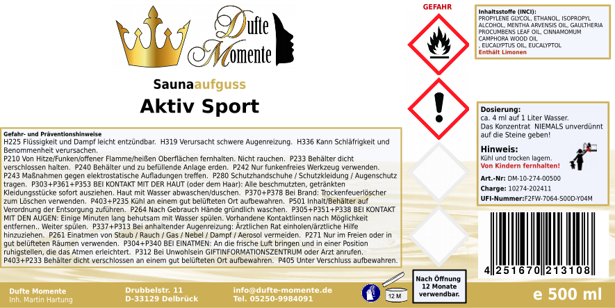 Saunaduft Konzentrat 500 ml Etikett Aktiv Sport