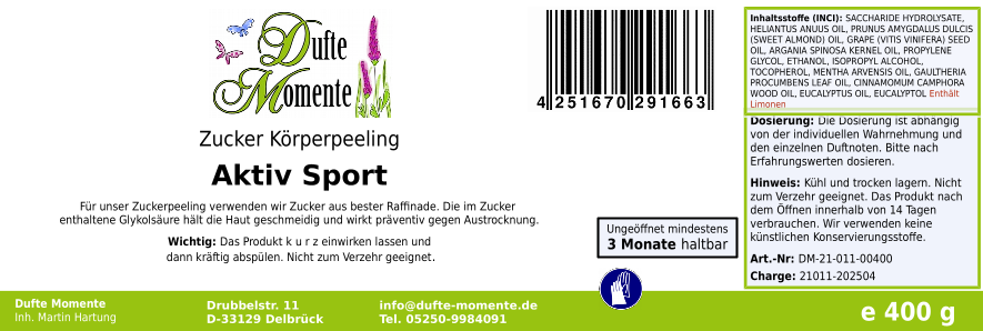 Aktiv Sport (Eukalyptus, Kampfer, Pfefferminze) - 400g Zucker Körperpeeling, für empfindliche Haut