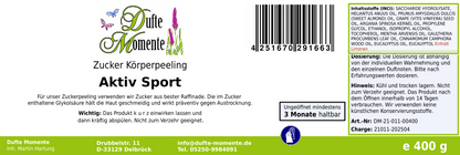 Aktiv Sport (Eukalyptus, Kampfer, Pfefferminze) - 400g Zucker Körperpeeling, für empfindliche Haut