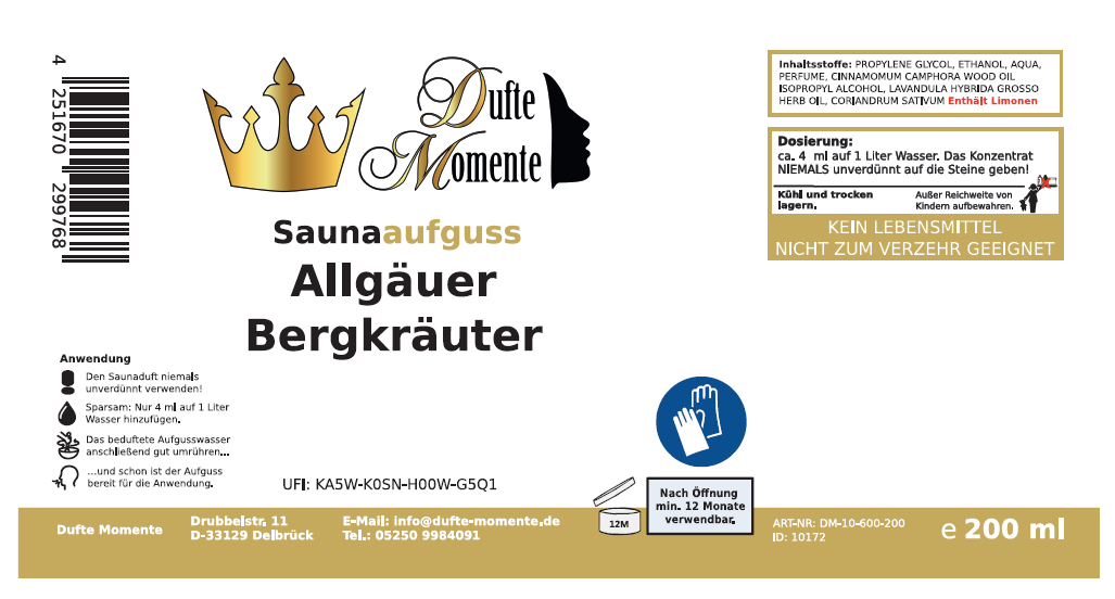 Saunaduft Konzentrat Etikett 200 ml Allgäuer Bergkräuter