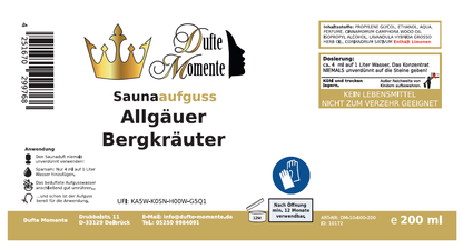 Saunaduft Konzentrat Etikett 200 ml Allgäuer Bergkräuter