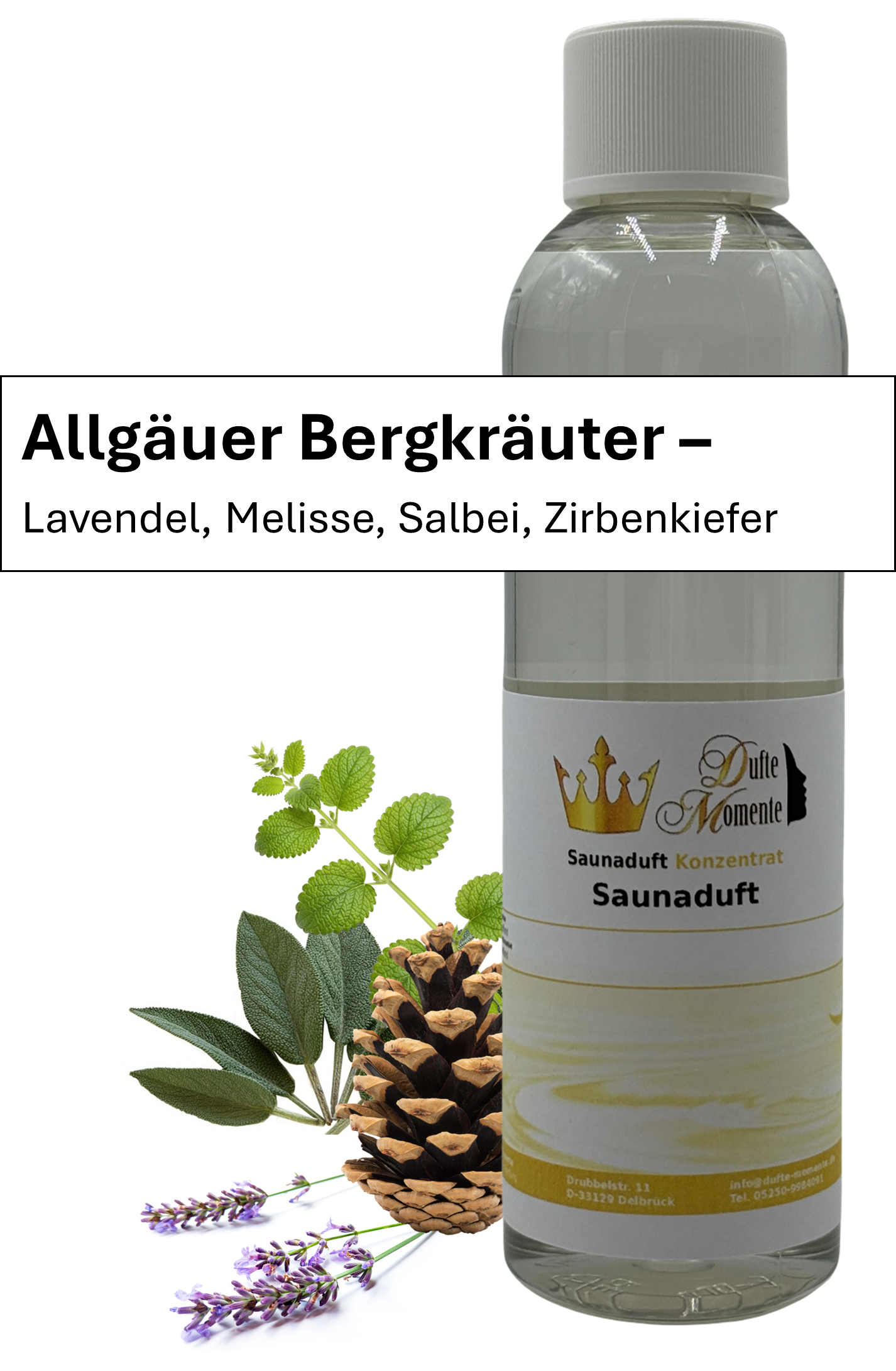 Saunaaufguss Allgäuer Bergkräuter in 250ml Flasche mit Duftbanner