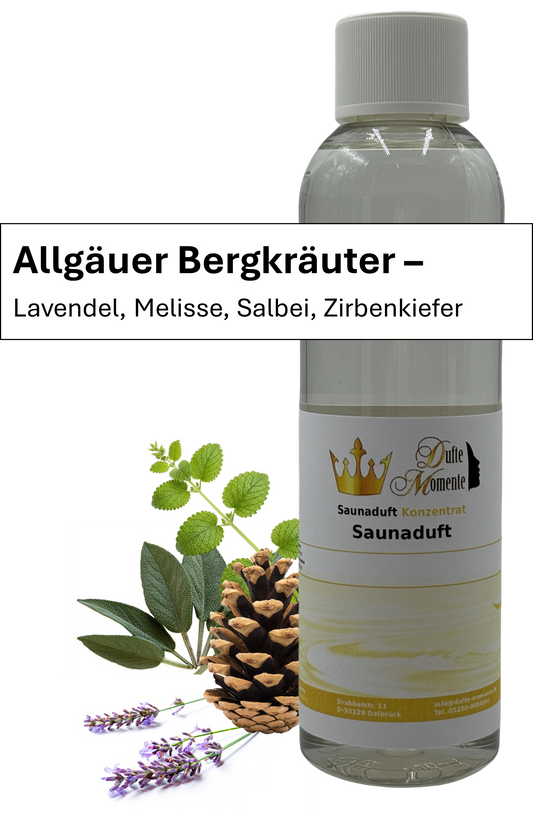 Saunaaufguss Allgäuer Bergkräuter in 250ml Flasche mit Duftbanner