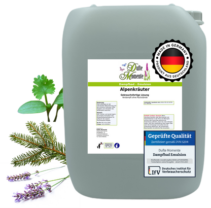 Dampfbad-Emulsion Alpenkräuter | Gebrauchsfertig & DVN-Zertifiziert für Dein Home-Spa | 3L, 5L, 10L