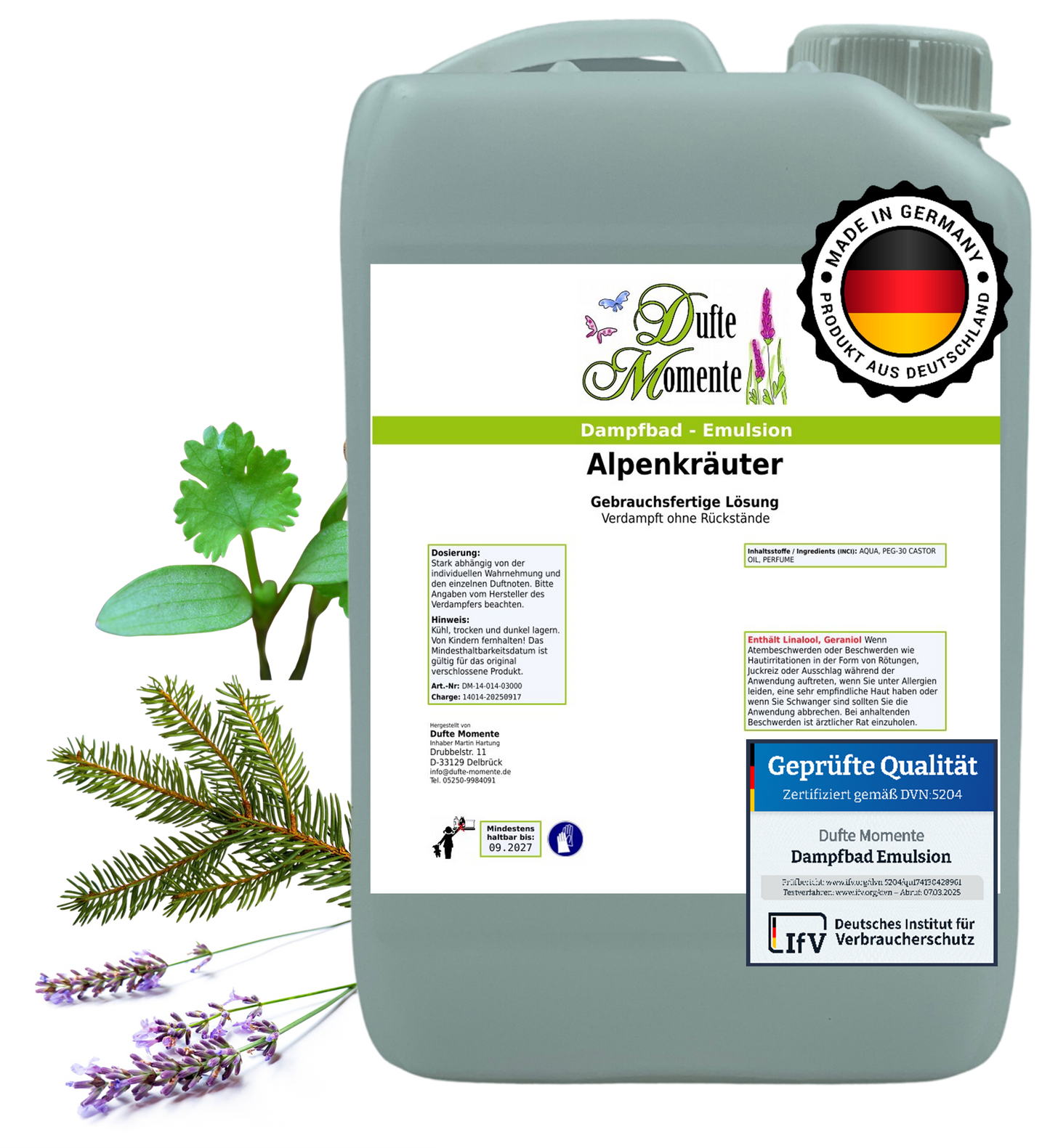 Dampfbad-Emulsion Alpenkräuter | Gebrauchsfertig & DVN-Zertifiziert für Dein Home-Spa | 3L, 5L, 10L