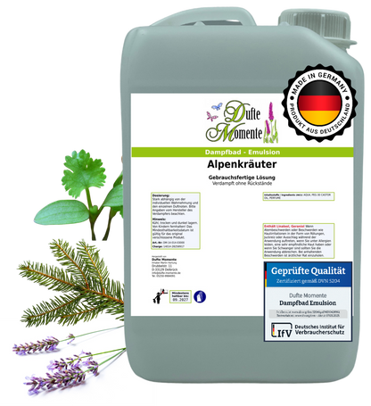 Dampfbad-Emulsion Alpenkräuter | Gebrauchsfertig & DVN-Zertifiziert für Dein Home-Spa | 3L, 5L, 10L