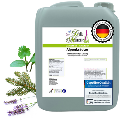 Dampfbad-Emulsion Alpenkräuter | Gebrauchsfertig & DVN-Zertifiziert für Dein Home-Spa | 3L, 5L, 10L
