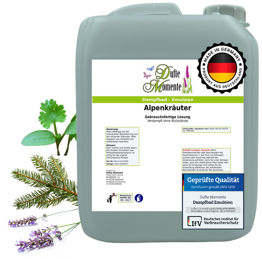 Dampfbad-Emulsion Alpenkräuter | Gebrauchsfertig & DVN-Zertifiziert für Dein Home-Spa | 3L, 5L, 10L