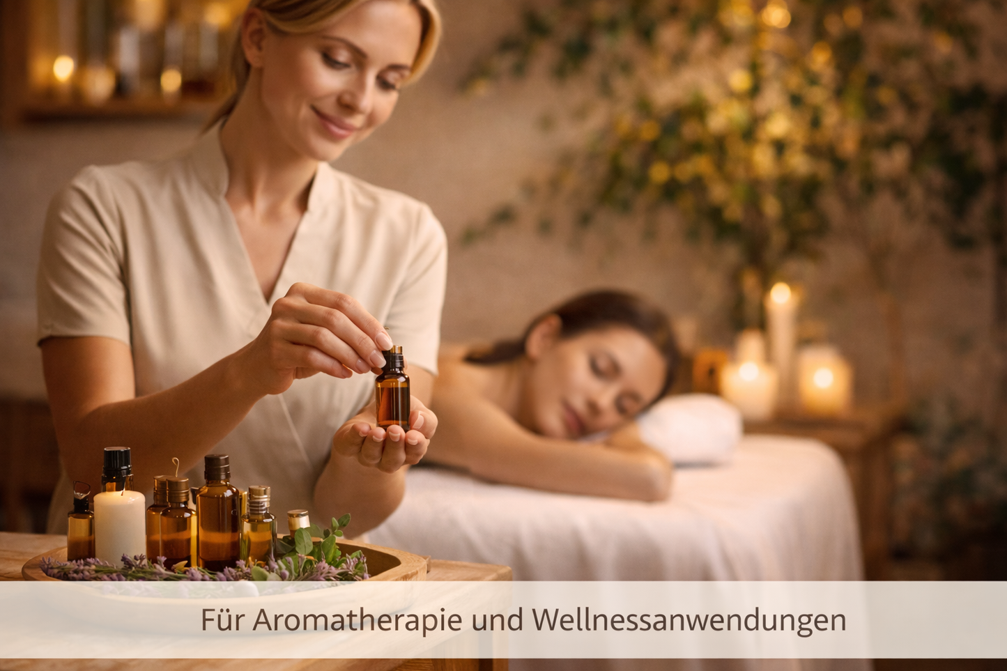 Aromatherapie Anwendung mit ätherischen Ölen bei Wellness Massage in entspannter Spa Atmosphäre