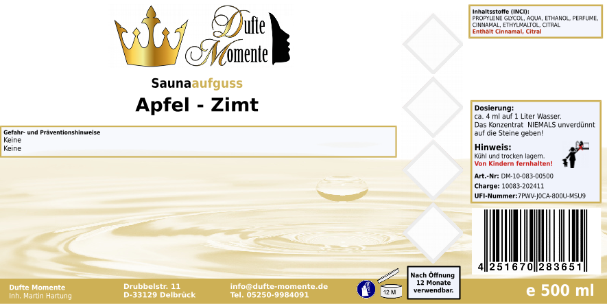 Saunaduft Konzentrat 500 ml Etikett Apfel - Zimt