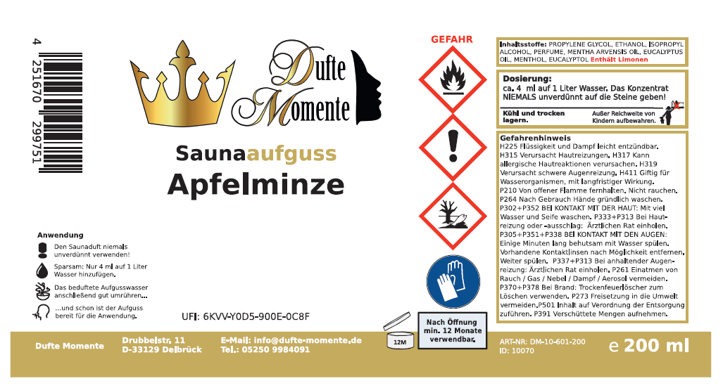 Saunaduft Konzentrat Etikett 200 ml Apfelminze