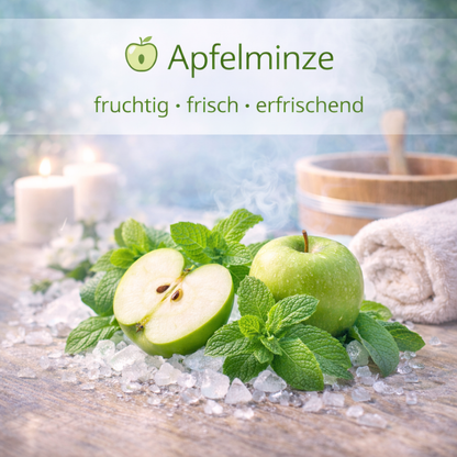 Moodbild Apfelminze mit visualisierten Inhaltsstoffen und Saunaelementen