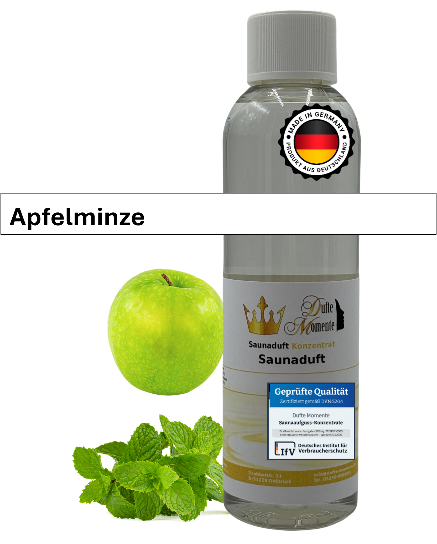 Saunaduft Apfelminze in 250ml Flasche mit Duftbestandteilen und Duftbanner