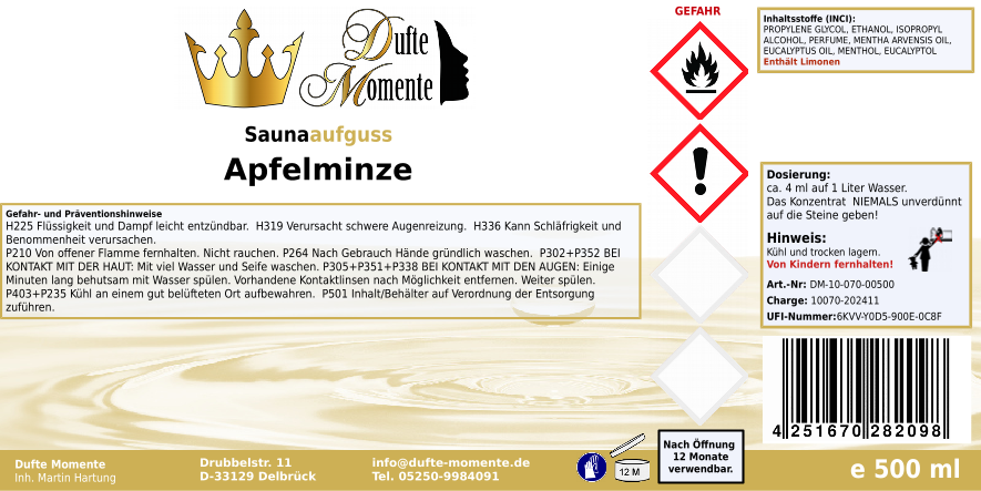 Saunaduft Konzentrat 500 ml Etikett Apfelminze