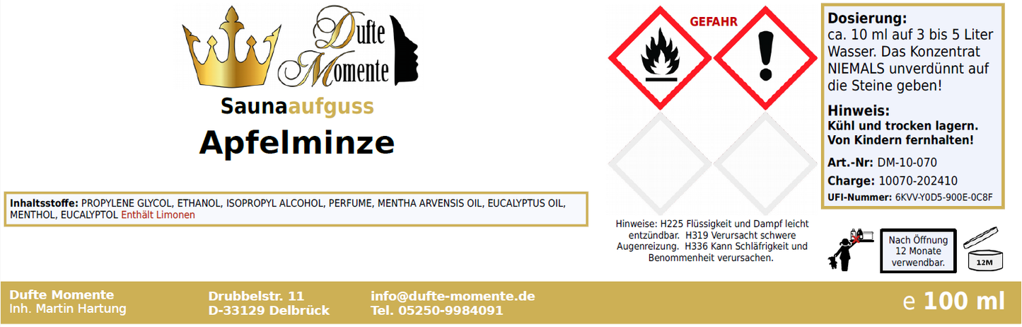 Saunaduft Konzentrat Etikett 100ml Apfelminze