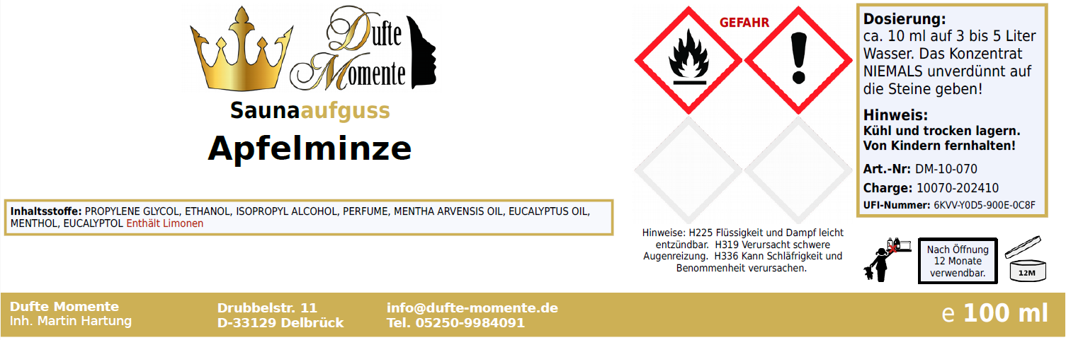 Saunaduft Konzentrat Etikett 100ml Apfelminze